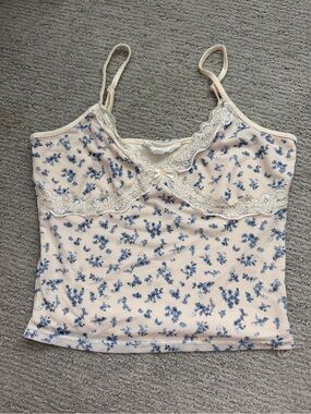 Pink Rose Blue Floral Lace-Trim Tank Top on Cream